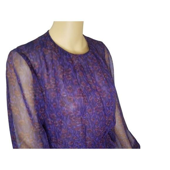 1970s Purple Sheer Leopard Print Peplum Midi Dress Long Sleeve Size 10 Vintage - Picture 4 of 9